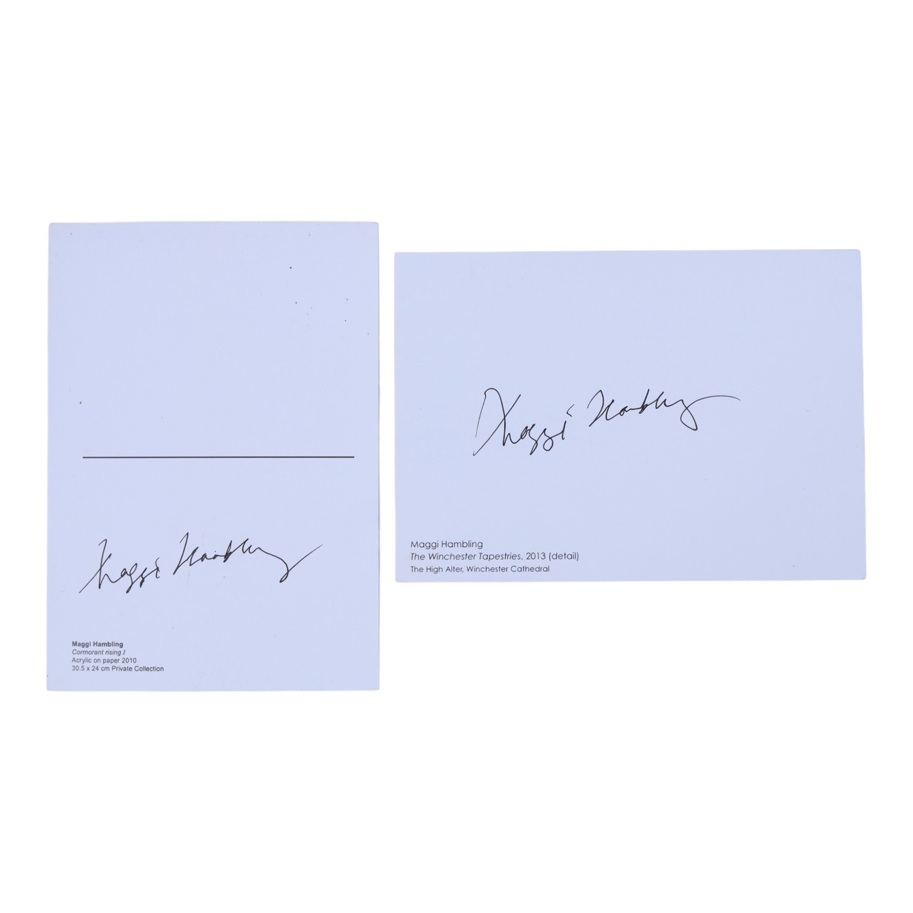 Collection of Maggi Hambling books and memorabilia, to include 'Edge' signed 2017 Marlborough Gallery exhibition catalogue, 'Maggi Hambling - The Works', signed paperback, 2022 Glyndenbourne Festival exhibition catalogue, 'The Aldeburgh Scallop' and two signed postcards