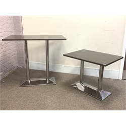 Rectangular top café bistro table on polished metal base (120cm x 68cm, H105cm), and a similar smaller table (92cm x 68cm, H75cm)