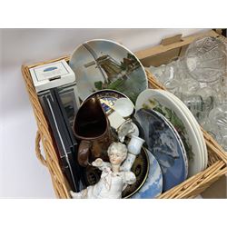 Set of four contemporary Mosa Holland tiles, three further tiles, Grayshott pottery clock, motto ware teacup and saucer, jug and mug, Royal Albert Old Country Roses, Chinese mud men figures, Spode etc and Quantity of ceramics and glassware to include art glass vase, Royal Grafton, Royal Doulton and Colclough dinner wares, Poole, copper lustre, vases etc in six boxes