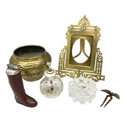Table lighter in the form of a leather riding boot, H16cm, engraved brass picture frame, brass pot decorated with figures and animals amongst foliage, glass atomiser, etc