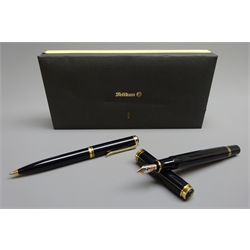  Writing Instruments - Pelikan Souveran set of two fountain pen with '14C' gold nib and matching ballpoint pen, boxed  