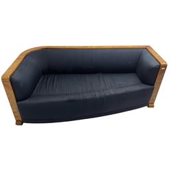 Thormer Polstermobel - Art Deco design three seat sofa, of curved tapering form, upholstered in midnight blue fabric, framed in figured burr elm