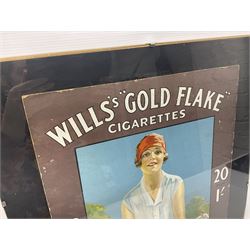 Wills Gold Flake Cigarettes advertising board, framed depicting a lady at the tennis, advert H51cm, L38cm