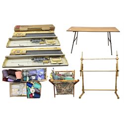  Brother cased knitting machine model KH-890 together with Brother Ribbing attachment model KH-850, knitting machine yarn cones in assorted colours, selection of knitting patterns etc