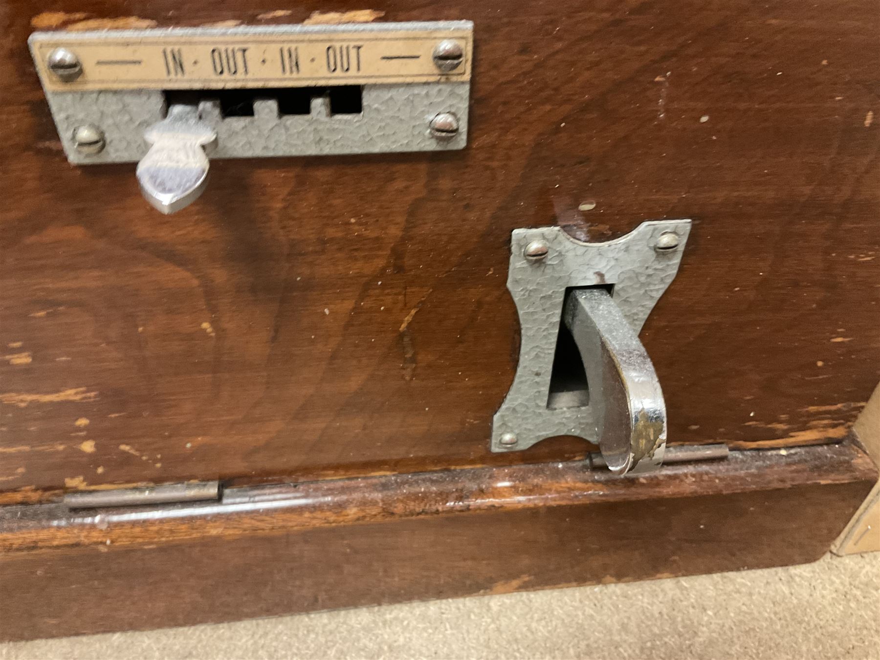 Early 20th Century Time Recorders Leeds Ltd mahogany cased clocking in machine, the square silvered dial with Arabic numerals above clocking in mechanism on plinth base, with a collection of blank clocking in cards, case H98cm
