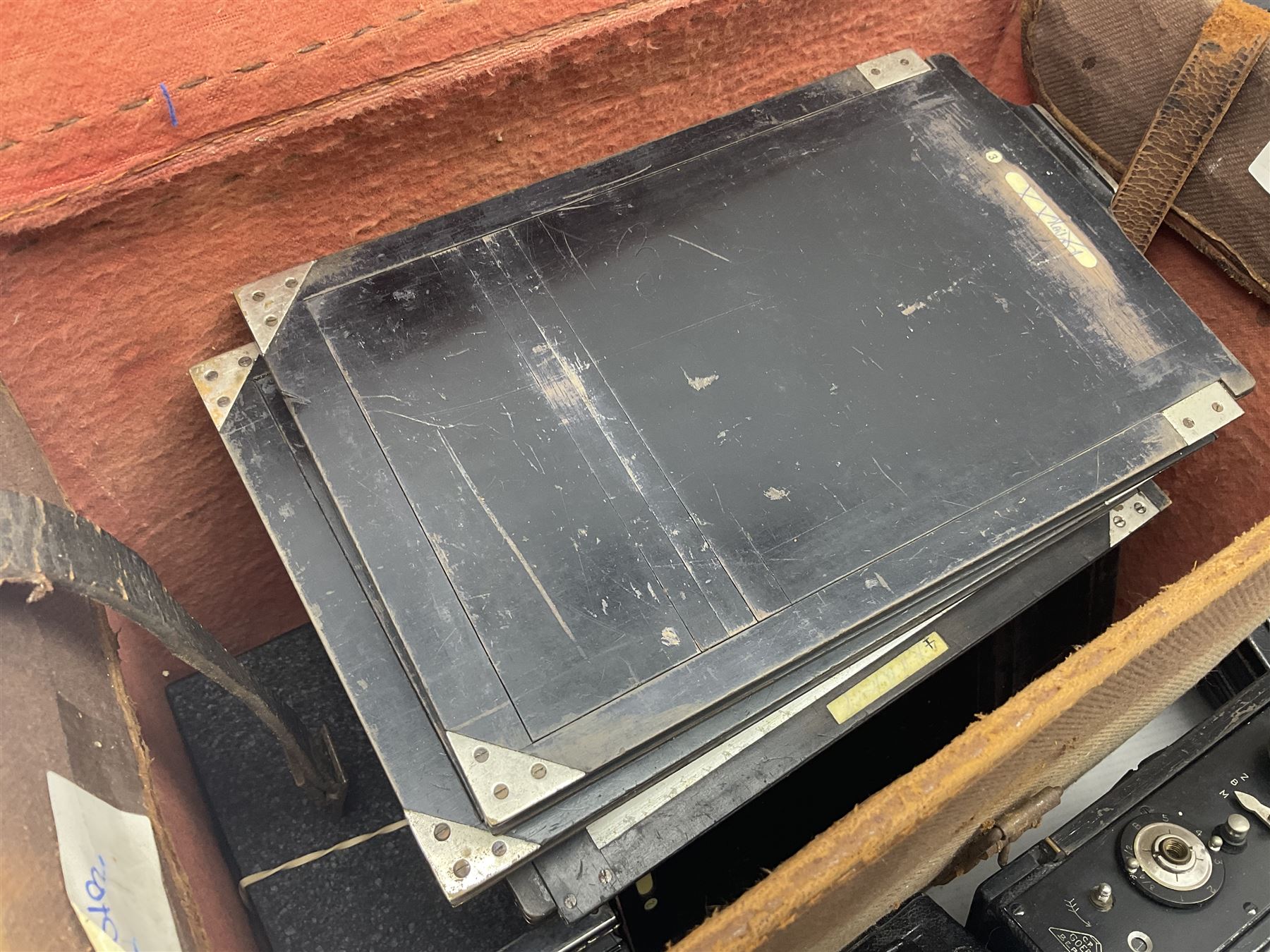 Contessa-Camera Werke folding camera, together with Hirrlinger folding camera, additional plates, two tripods and other accessories 