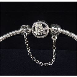 Pandora Moments flower clasp silver bracelet with Disney Cinderella charm seven other Pandora charms and flower safety chain boxed Jewellery Watches Coins