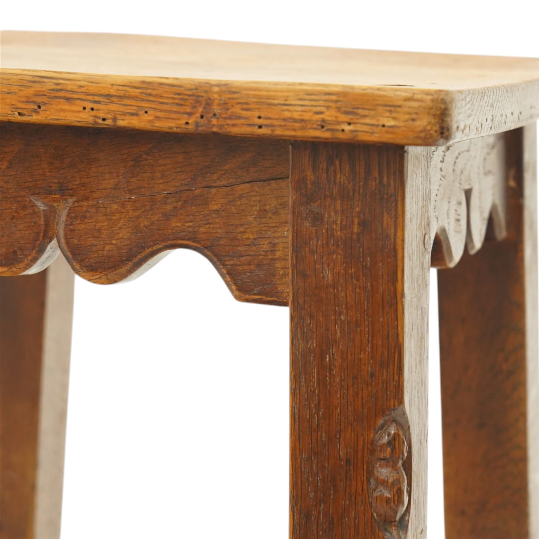 Mouseman - circa 1940/50's oak bar stool, dished square top with shaped apron, raised on four tapering square legs, joined by rails, with carved mouse signature, by Robert Thompson of Kilburn, initialled with provenance from the Old Hall, Thornton-le-Dale, North Yorkshire, further info to follow