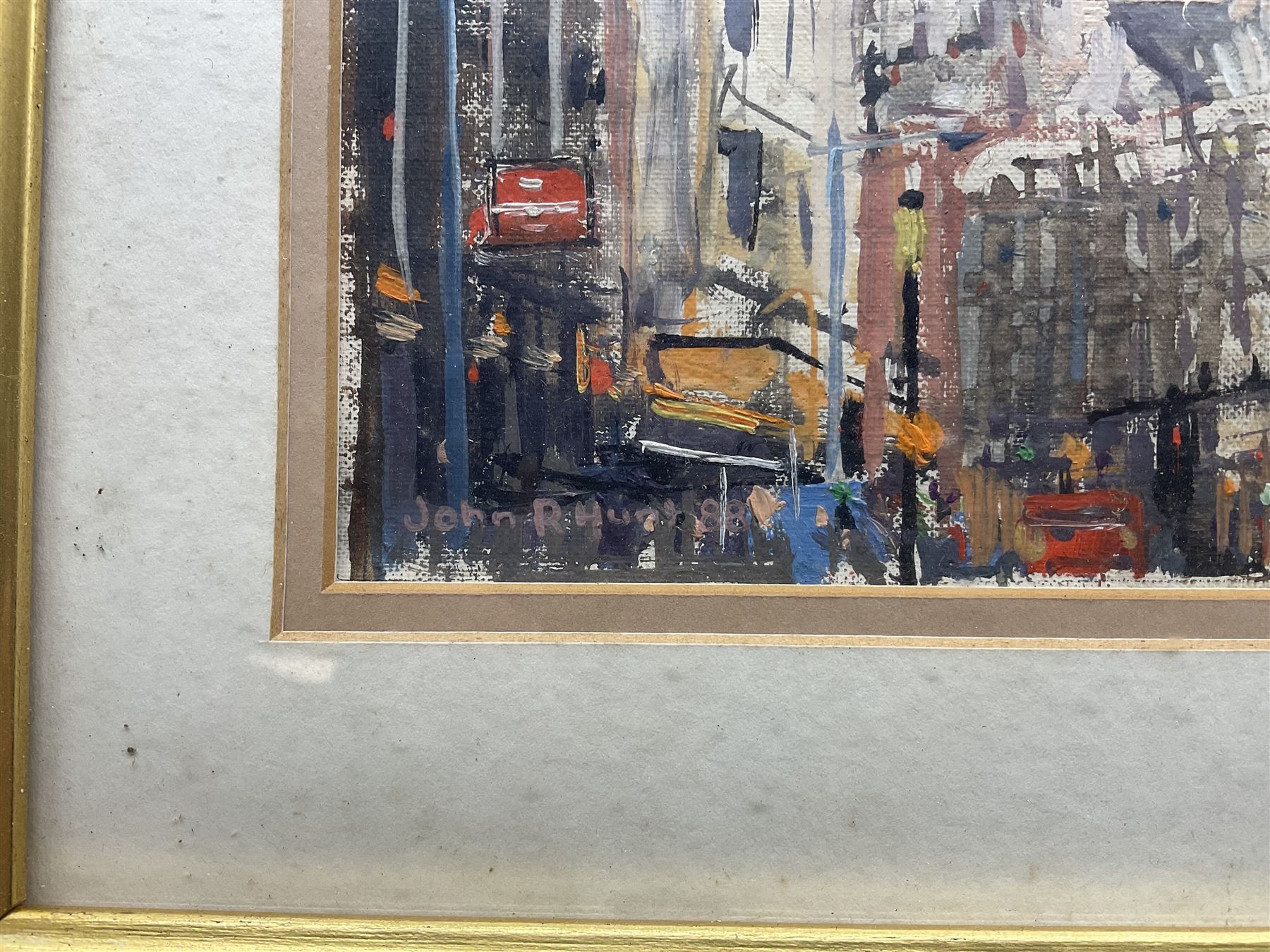 John Ross Hunt (Australian 1956-): Impressionist City Street Scene, oil on canvas board signed and dated '88, 16cm x 26cm