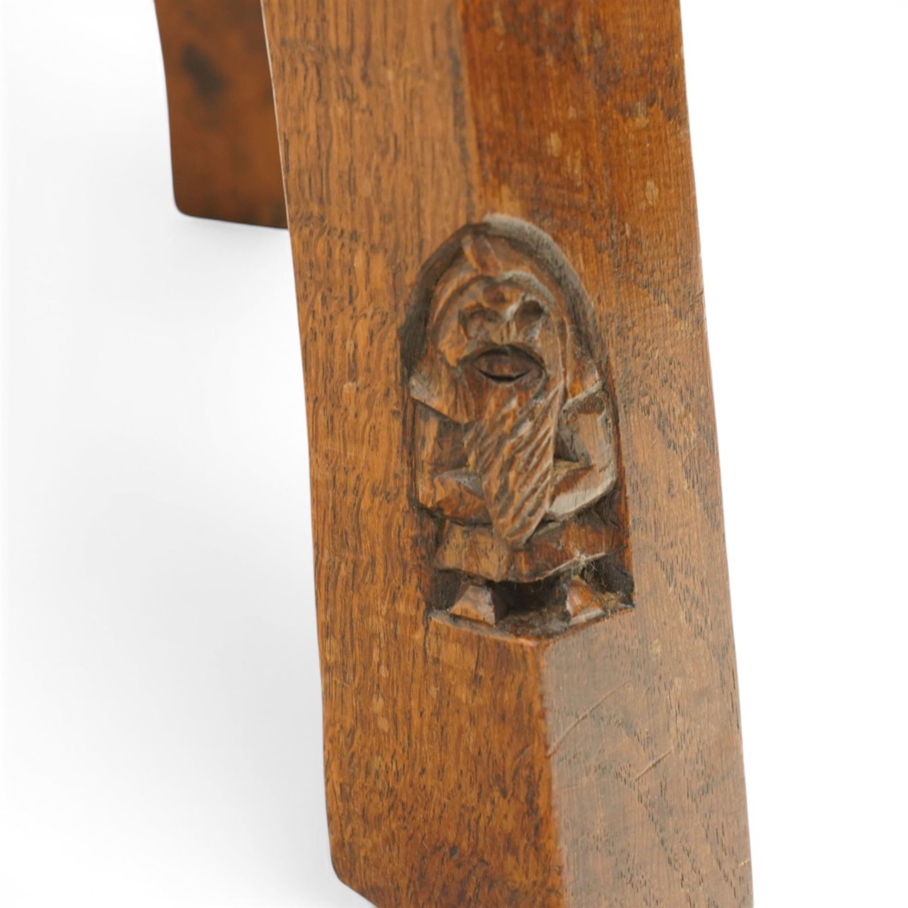 Gnomeman - circular adzed oak stool with carved Yorkshire Rose top, raised on three shaped supports carved with gnome signature, by Thomas Whittaker, Littlebeck, Whitby