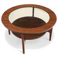 Mid 20th century Greaves & Thomas simulated rosewood circular coffee table, inset glass top with circular undertier on four tapering legs