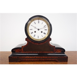 Victorian ebonised mantel clock, inlaid with amboyna wood, circular enamel Roman dial, twin train barrel movement stamped 'Samuel Marti, Medaille de Bronze', H27cm  