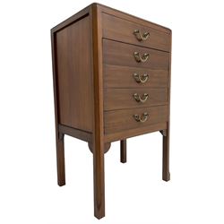 Edwardian mahogany five-drawer music cabinet, moulded top over five drawers with fall fronts, on chamfered square supports 