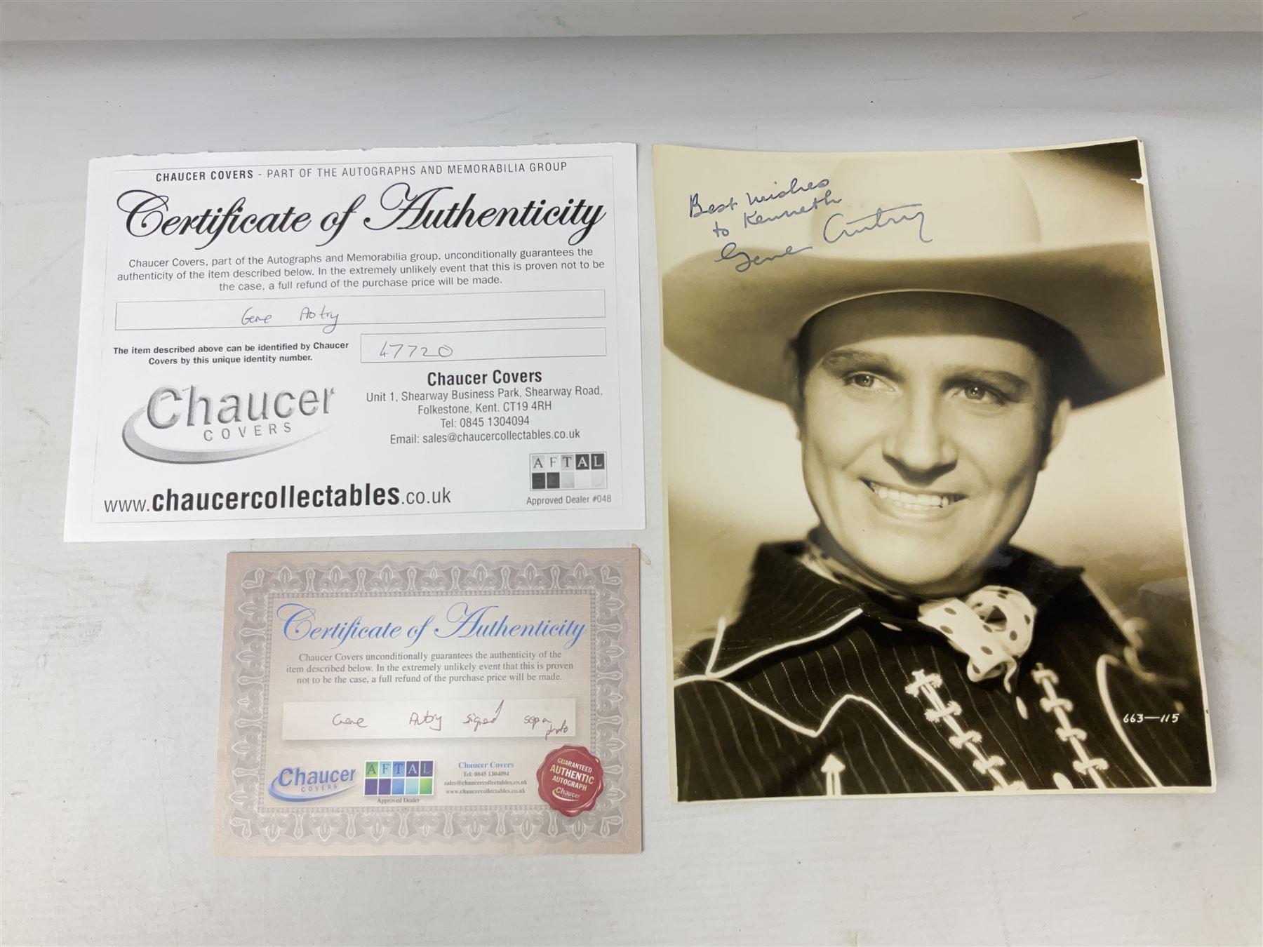 Dame Vera Lynn - collection of six signatures comprising TLS, album page and four colour photographs (including White Cliffs of Dover); signed photograph of John Mills; and signed photographs of film stars each with CoA including Bob Hope, Charlton Heston, Gene Autry, Sound of Music Julie Andrews and Christopher Plummer and Joanna Lumley