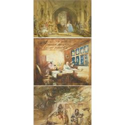 Circle of George Cattermole (British 1800-1868): The Lord's Entrance and Knights at Rest by Sarcophagus, two watercolours signed; (Henry William Lowe) Hurst (British 1865-1938): 'Old Cronies', watercolour signed max 27cm x 42cm (3)