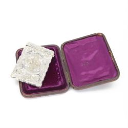 Victorian silver card case, of rectangular form with shaped borders, relief embossed with fruit and flowers and engraved with monogram, hallmarked George Unite & Sons, Birmingham 1875, H9.5cm, contained within fitted tooled leather case