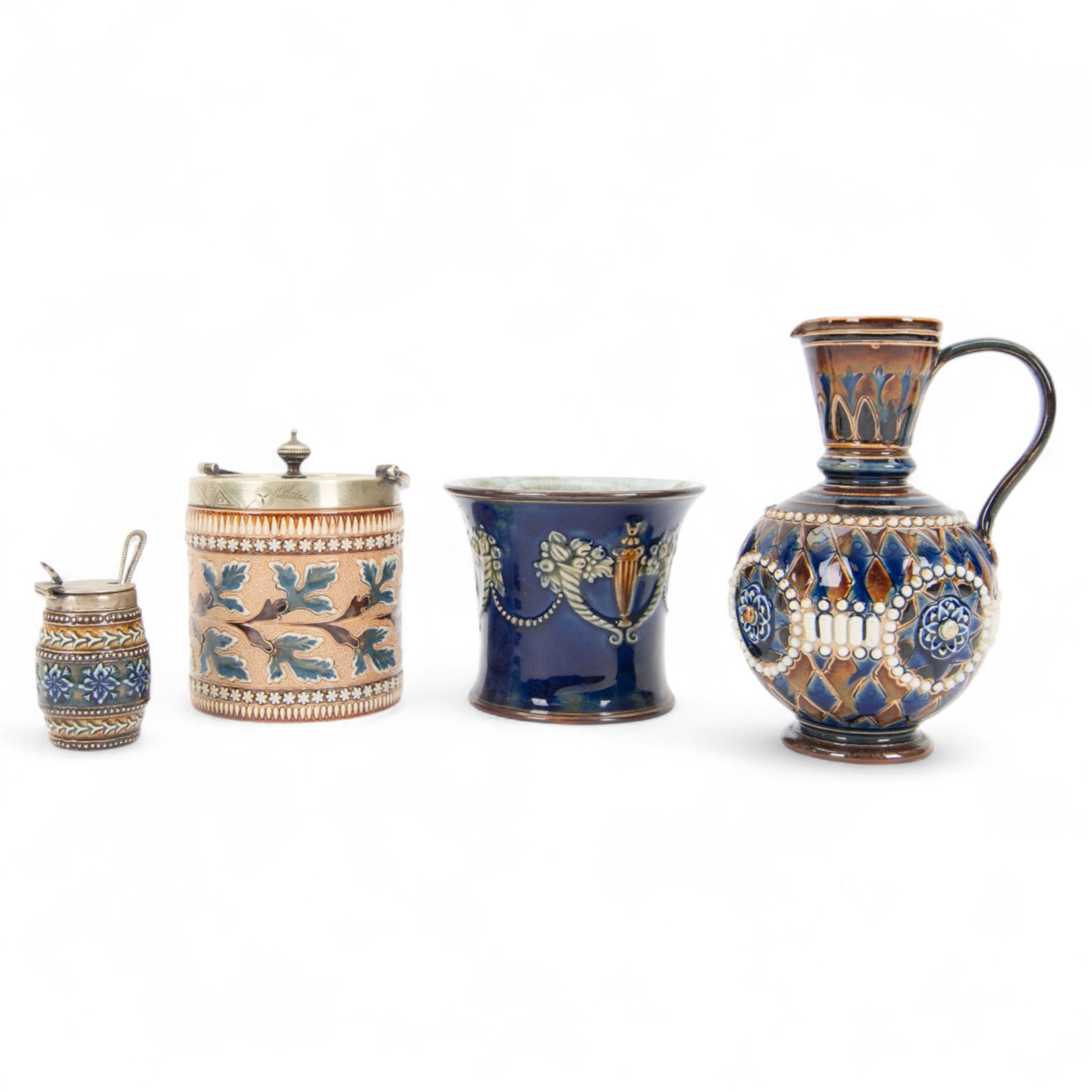 Doulton Lambeth ewer, together with a mustard pot and jar and vase, ewer H16cm 