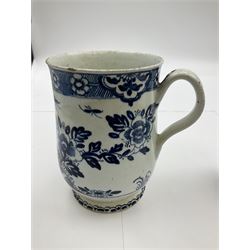 18th century blue and white bell-shaped mug decorated in the rock and peony pattern, probably Bow, H13cm, together with an 18th century Chaughley reeded milk jug decorated in the Gillyflower pattern, H9cm