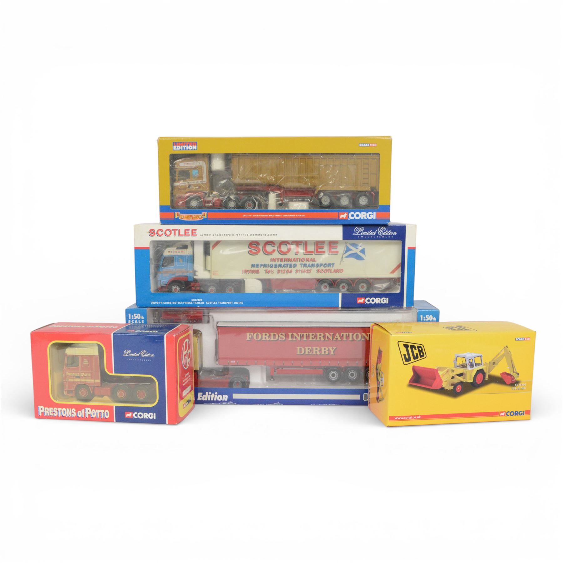 Five 1:50 scale diecast models, comprising Universal Hobbies Collectors Edition Renault Truck and four Corgi examples, including Hauliers of Renown CC13711 Scania R Series Bulk Tipper James Innes & Son, Limited Edition Prestons of Potto, CC12420 Volvo FH Globetrotter Fridge Trailer Scotlee Transport and CC15102 JCB 3C MkI, all boxed