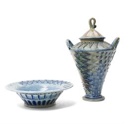 Andrew Osborne (1956 -): Geometric Jar and Bowl, with abstract design in typical blue and ...