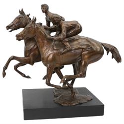 Bernard Winskill  (d1980) - 'Upsides on High Moor' a bronze group of two horses and riders, signed, on wooden base 45cm x 48cm