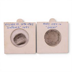 Mary silver groat and William III 1697 silver sixpence coins (2)