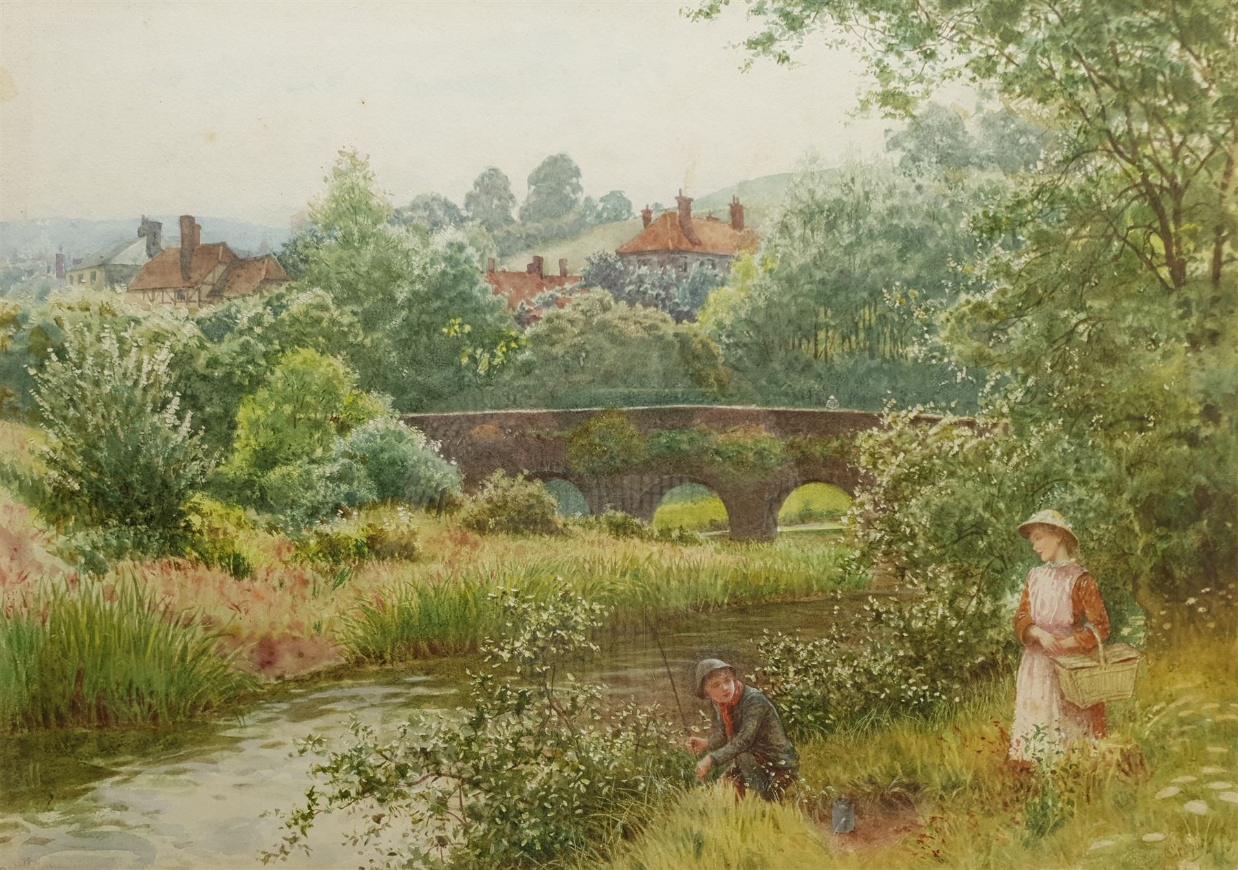 Charles Gregory (British 1850-1920): 'A Bright Way Elstead' - Children Fishing, watercolour signed 39cm x 54cm