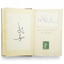 K S Ranjitsinhi - Jubilee Book of Cricket 1897, rebound in full calf and incorporating approximately 250 autographs of international cricketers, collected, compiled and presented by John E Harrison, all edges gilt together with a folder of correspondence, birthday card from Don Bradman, cuttings and autographs etc and a small album of photographs and correspondence