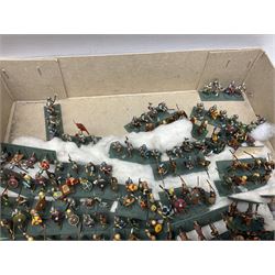 Painted metal wargame figures - over four hundred including Normans and Saxons, Romans, British Tribes etc; together with a quantity of part-painted and unpainted figures, battlefield weapons and accessories etc; average size 25mm