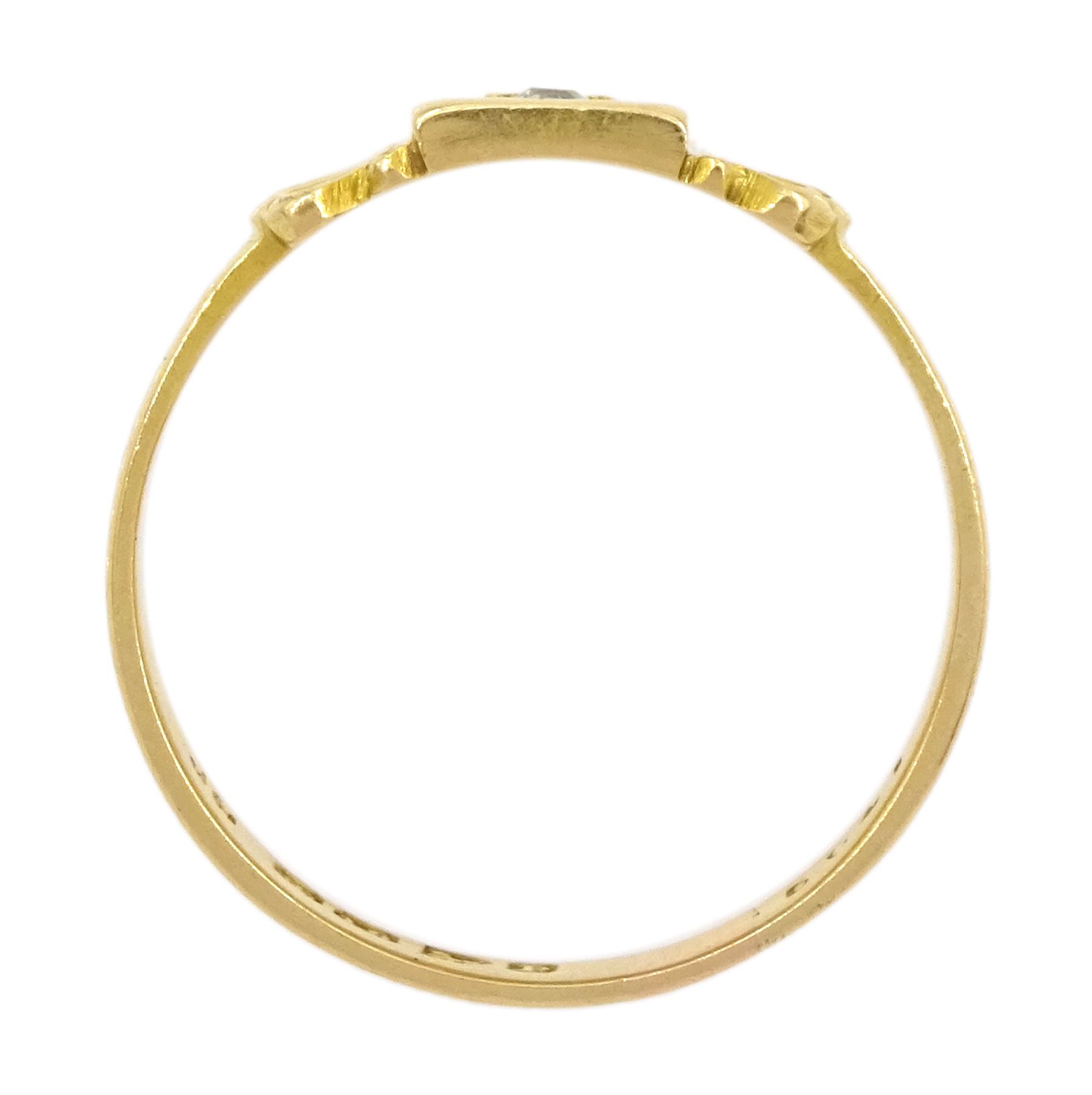 Victorian 18ct gold single stone diamond ring, the central star set old cut diamond with a scallop shell detail either side, Chester 1898