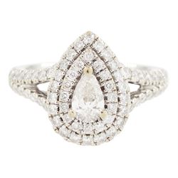 Vera Wang 18ct white gold diamond and sapphire 'Love' ring, single pear cut diamond, surro...