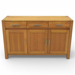Solid light oak sideboard, fitted with three drawers and three cupboards