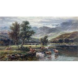 F Allen (British 19th/20th century): Cattle Watering at 'Loch Tay', oil on canvas signed, titled on the original slip 29cm x 49cm