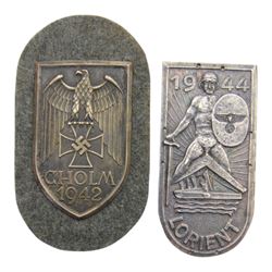 Third Reich Lorient shield together with a Cholm shield, early copies
