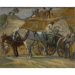 English School (Early 20th century): Workmen with Horses and Carts Quarrying Stone, pastel and charcoal unsigned 23cm x 31cm