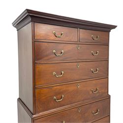 George III figured mahogany chest-on-chest, projecting moulded cornice over two short and six long graduating cock-beaded drawers, on bracket feet