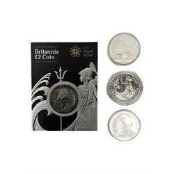 Four Queen Elizabeth II Britannia one ounce silver two pound coins, two dated 2007 and two 2008