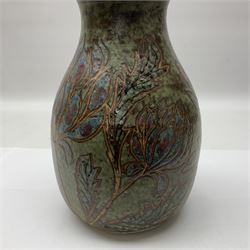 John Egerton (c1945-): studio pottery stoneware vase, decorated with artichoke hearts upon a mottled blue ground, H21cm