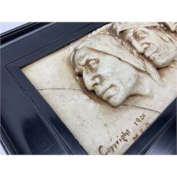 Framed cast ceramic wall plaque depicting five native americans, L56.5cm, H24.5cm