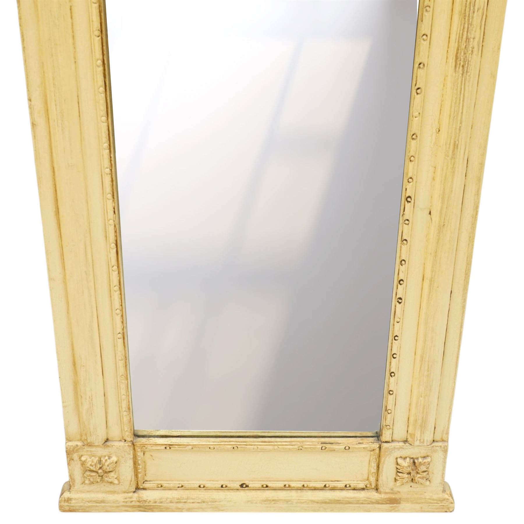 Traditional design cream pier mirror, projecting cornice and applied foliate detailing,, bevelled mirror plate