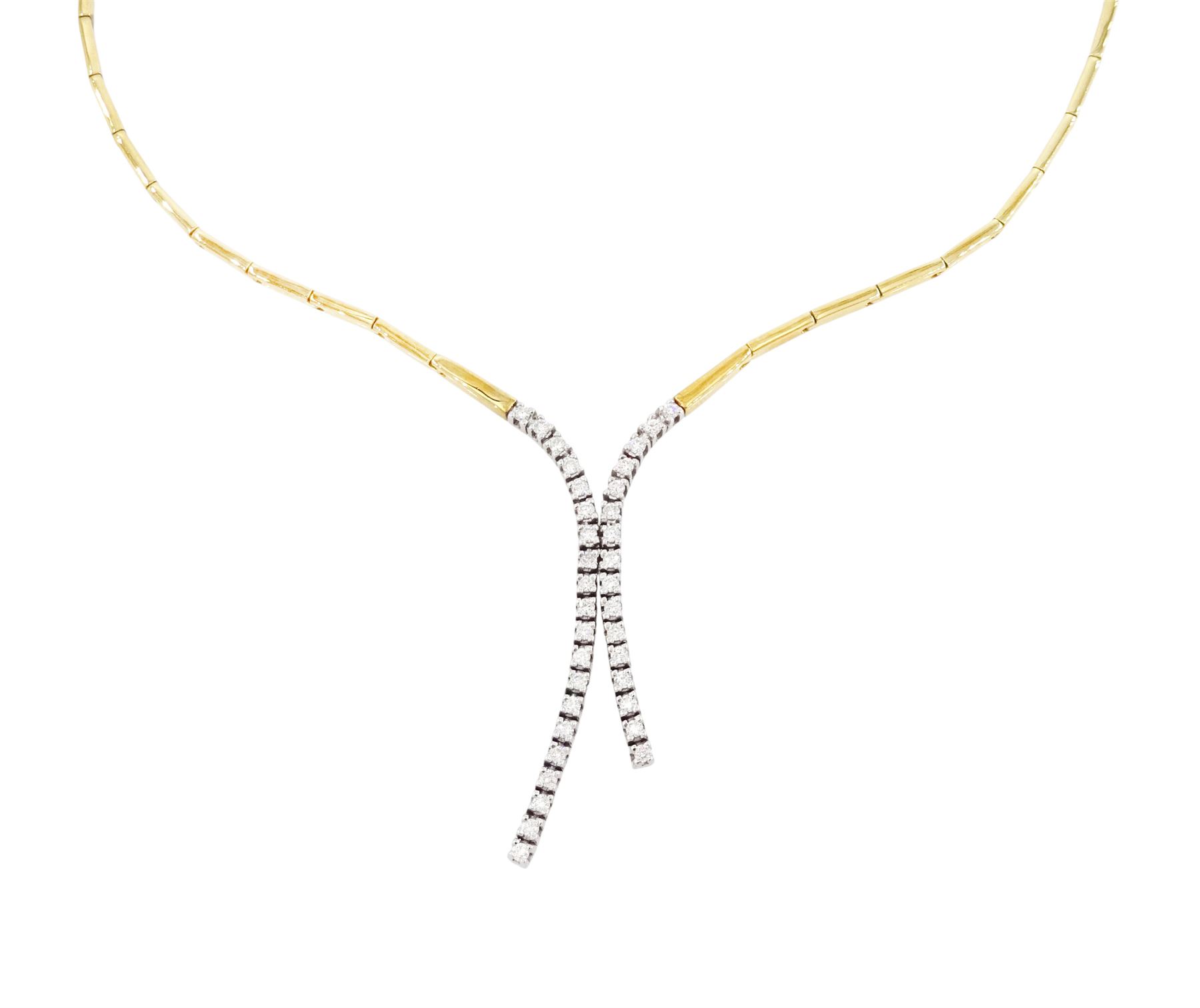 18ct gold diamond necklace, thirty-six round brilliant cut diamonds set in white gold, to articulated rectangular yellow gold links, stamped 750, total diamond weight approx 0.75 carat