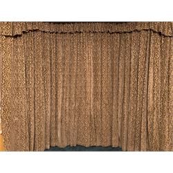 Pair heavy quality lined curtains in silver green embossed cut velvet, each curtain 324cm x 246cm drop, with matching pleated pelmet L320cm and pair of rope twist tasselled tie backs