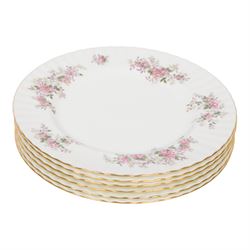 Royal Albert Lavender Rose pattern tea service for six including teapot, jug, open sucrier, teacups and saucers, side plates, dinner plates etc  