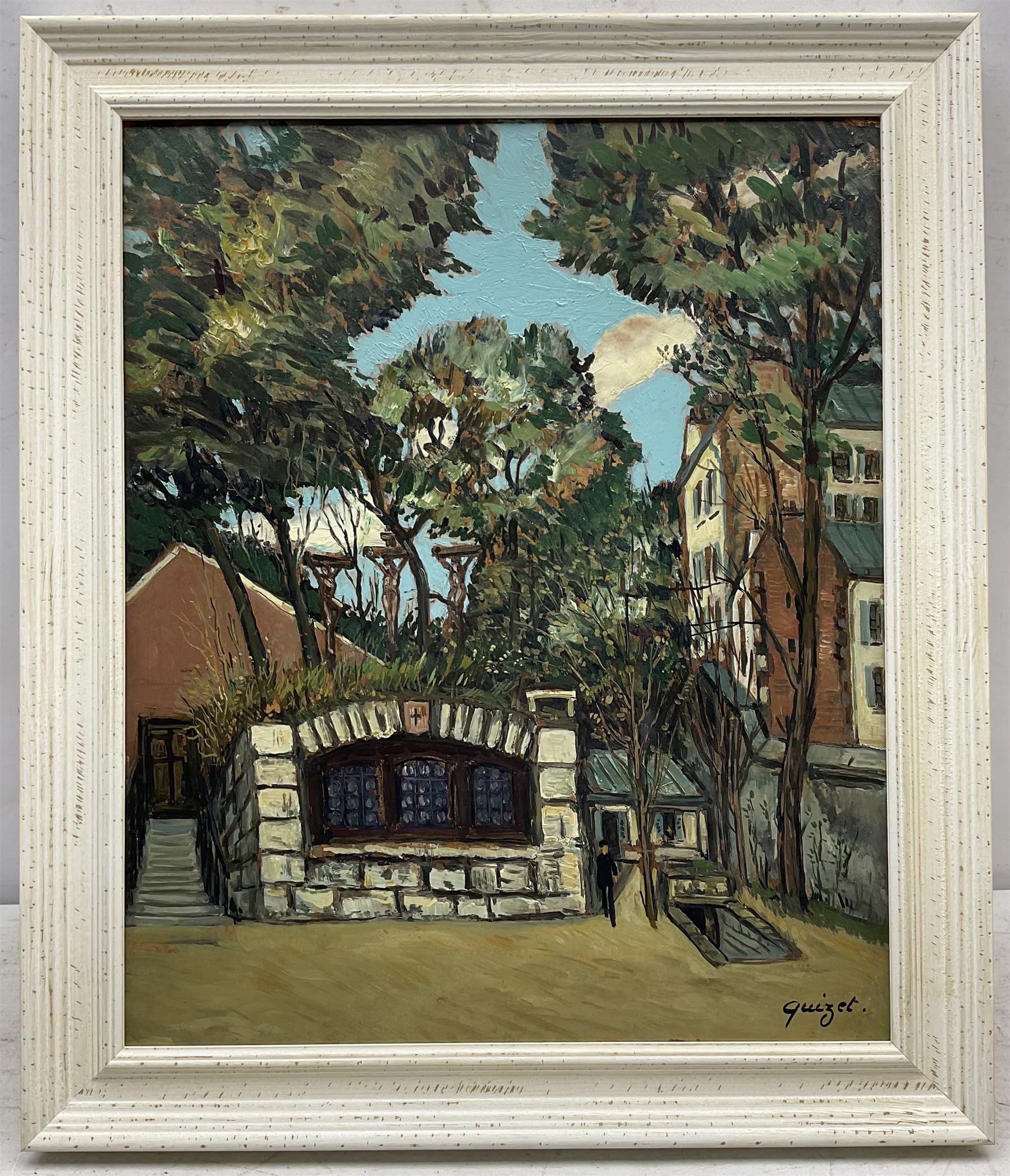 Alphonse Leon Quizet (French 1885-1955): Entrance to a Parisian Crypt, oil on board signed 45cm x 37cm