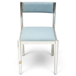 Set of eight 1980s chrome and upholstered dining chairs, curved back bar over padded seats upholstered in blue fabric, on tubular chrome frames