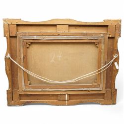 J Henry (British Late 19th century): Highland Cattle, oil on canvas signed 39cm x 60cm housed in Victorian ornate gilt swept frame overall 68cm x 88cm