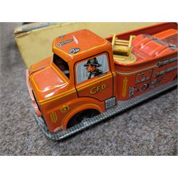 Marx Scissors Hydraulic Dump Truck, Electric Remote Control Car and a tinplate fire engine, dump truck H