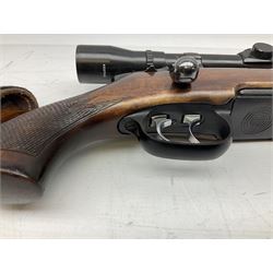 30-06 Steyr-Mannlicher Model M bolt-action rifle, the 61cm hammer forged barrel with side safety, double set trigger and lift-out rotary magazine, walnut stock with chequered pistol grip and fore-end and additional soft leather cheek piece, Pecar Berlin Champion 8 x 45 telescopic sight with quick release mounts, serial no.204791 L111cm FIREARMS CERTIFICATE REQUIRED OR RFD