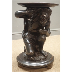 Early 20th century Blackamoor jardiniere stand, the crouching figure supporting a circular top, stepped circular base on three bun feet, H52cm, D33cm  