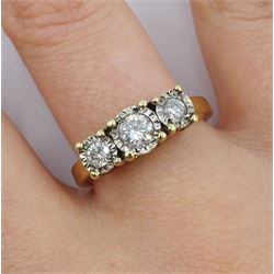 9ct gold illusion set, three stone diamond ring hallmarked, total diamond weight 0.50 carat